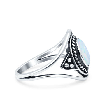 Vintage Style Promise Ring Band Oxidized Lab Created White Opal 925 Sterling Silver